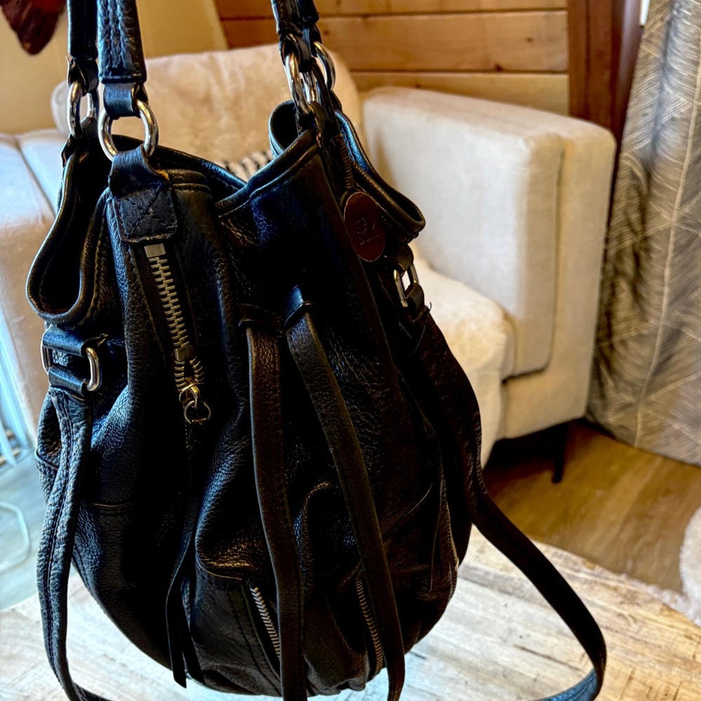 The Sak Strappy Black Leather Zipper Satchel Bucket Bag Y2K Kedzie - Picture 14 of 16